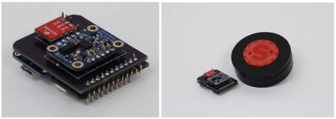 Image of a circuit board on the left. A small red board is the microphone and a blue board is the IMU. They are both mounted to a purple PCB. The image on the right shows the spoke sensor next to the red and black circular housing which is about 3 times the size of the sensor.
